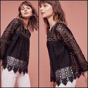 Anthro Maeve Black Crochet Lace Bronze Stud Embellished Blouse